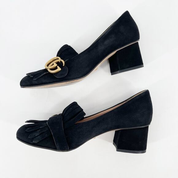 Gucci Marmont Black Suede GG Logo Kiltie Fringe Block Heel Loafer Pumps EU 37 - Picture 4 of 14